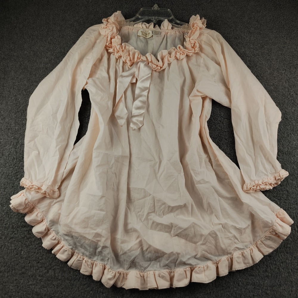 VTG Victorias Secret Gold Label Pink Cotton Ruffle Nightgown M/L Long Sleeve
